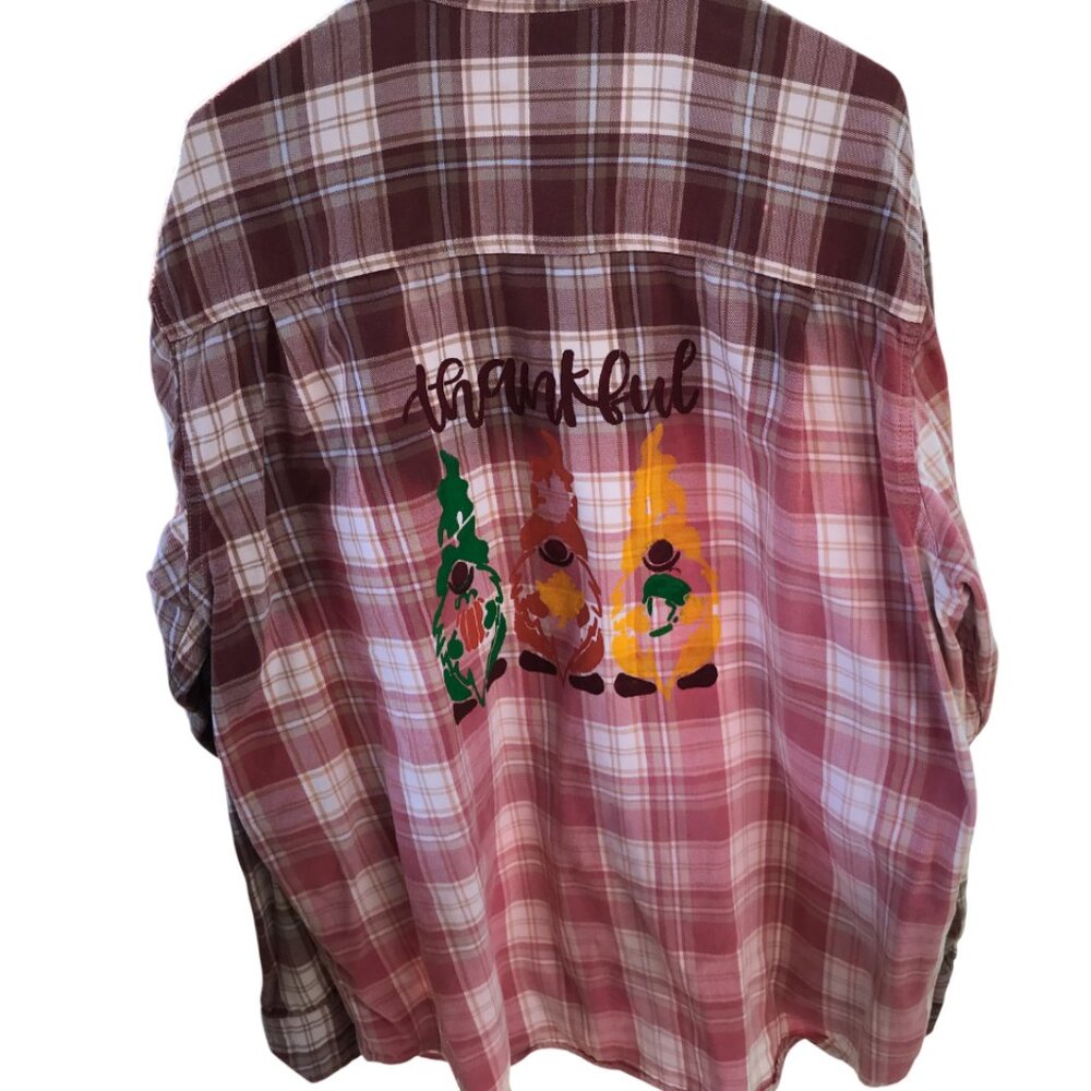 Ombre Bleached Flannel Shirt Upcycled, Painted Thankful Gnomes Plus Size XL - Picture 8 of 12